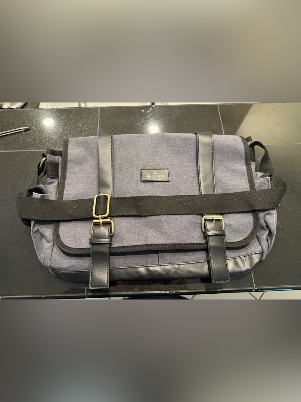 London Fog Men's Gray Canvas & Black Leather Messenger Bag